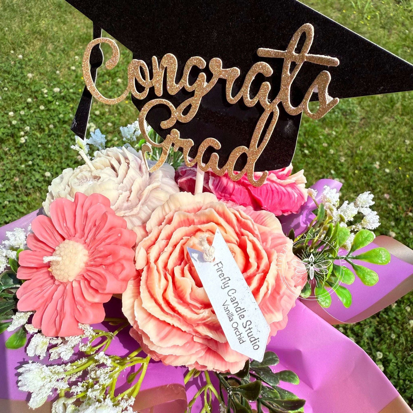 Graduation Candle Flower Bouquet – Peonies & Daisy