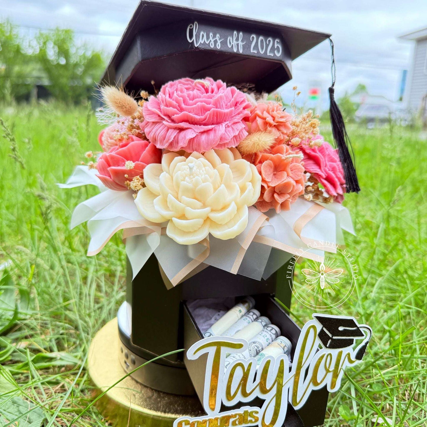 Custom name Graduation Candle Flower Box