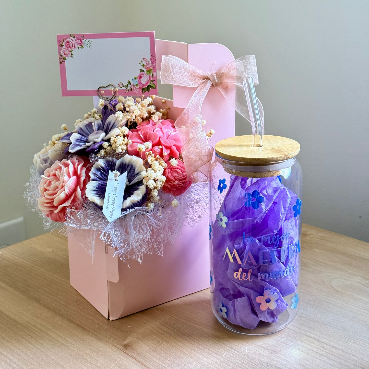 Teacher Appreciation Gift Set | Custom Coffee Cup + Scented Candle Flowers by Firefly Candle Studio