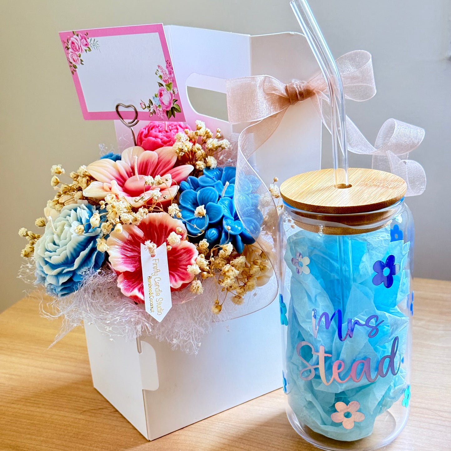 Teacher Appreciation Gift Set | Custom Coffee Cup + Scented Candle Flowers by Firefly Candle Studio