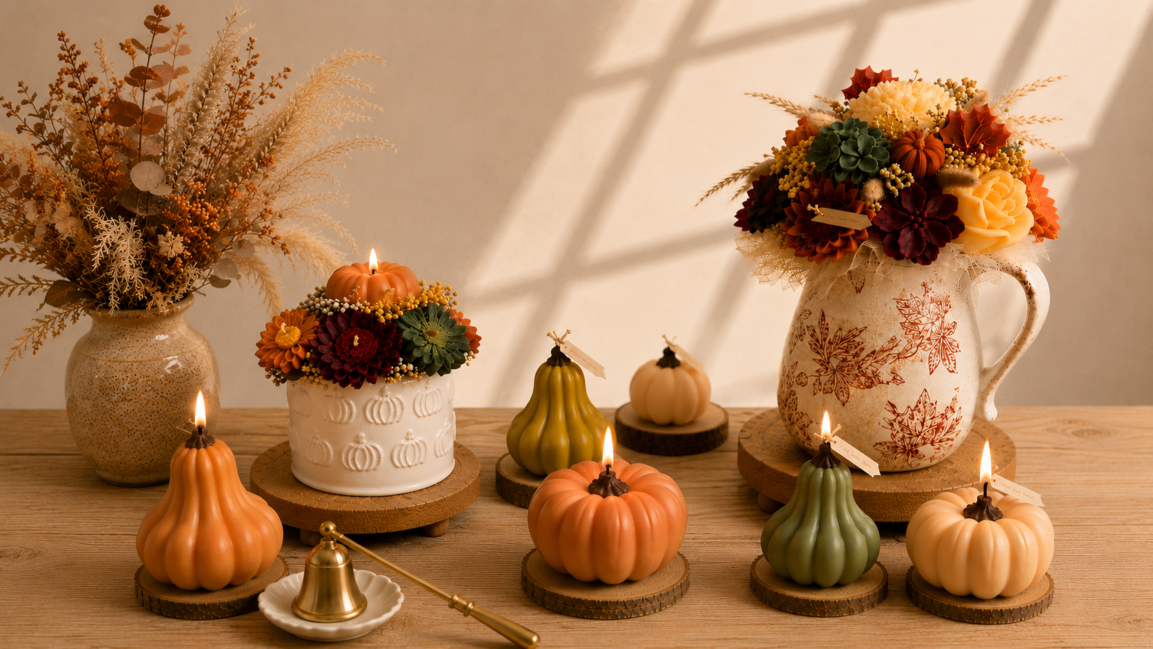 Autumn-themed tabletop decor arrangement featuring miniature pumpkins and gourds, some lit as candles, dried floral arrangements in ceramic vases, and a floral pitcher on a wooden surface with warm window-light shadows.