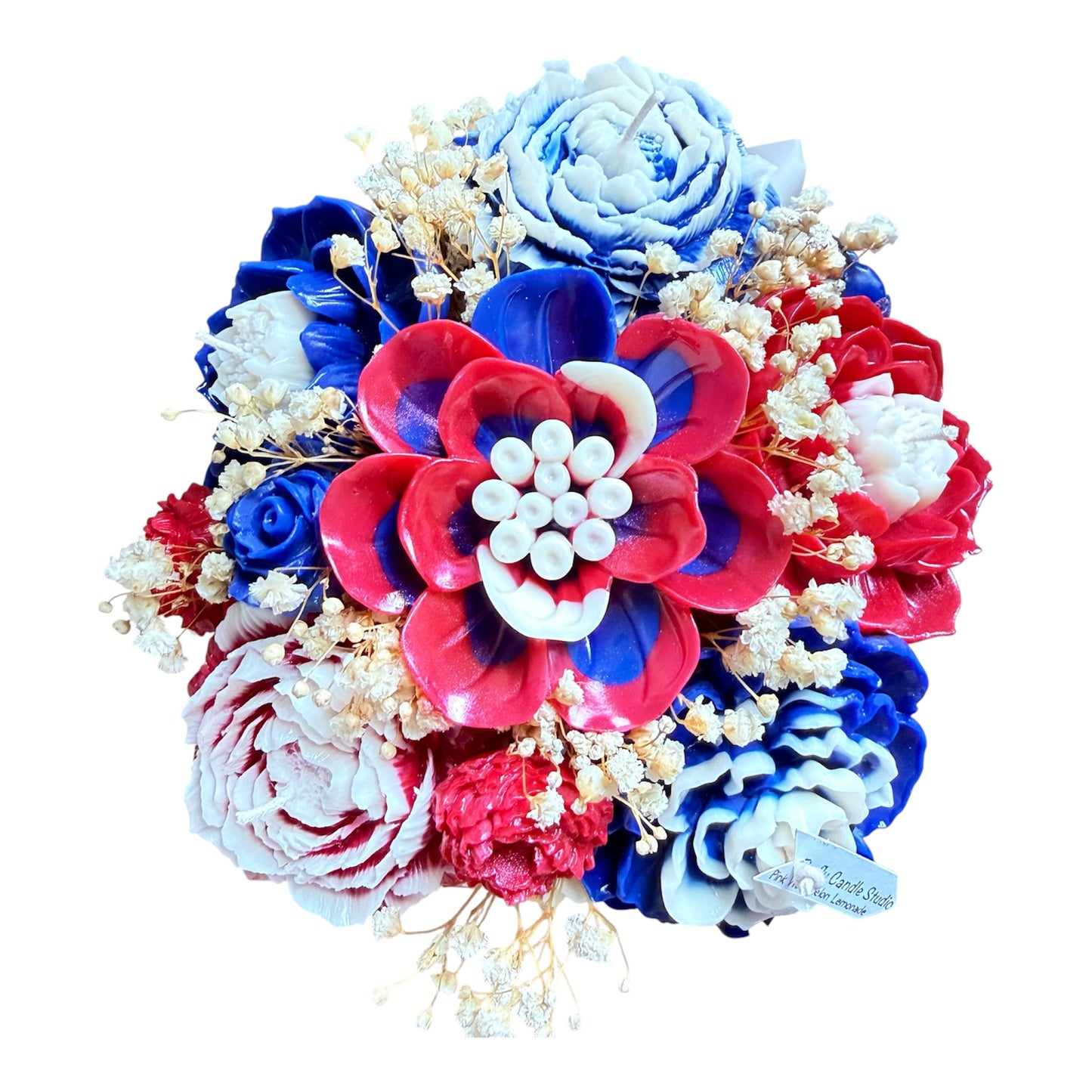 Bouquet of flowers in red, white, and blue on a white background