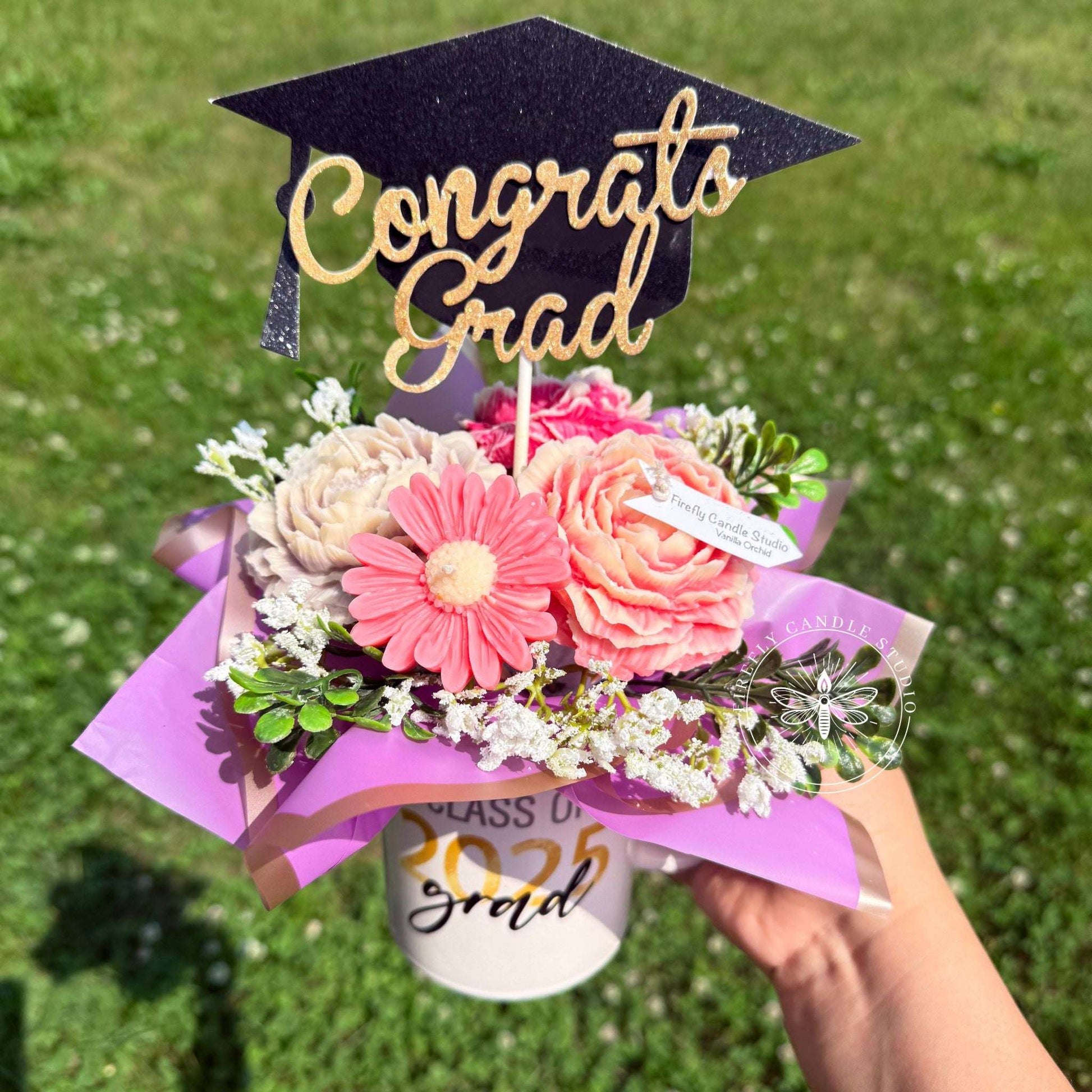 Graduation Candle Flower Bouquet – Peonies & Daisy