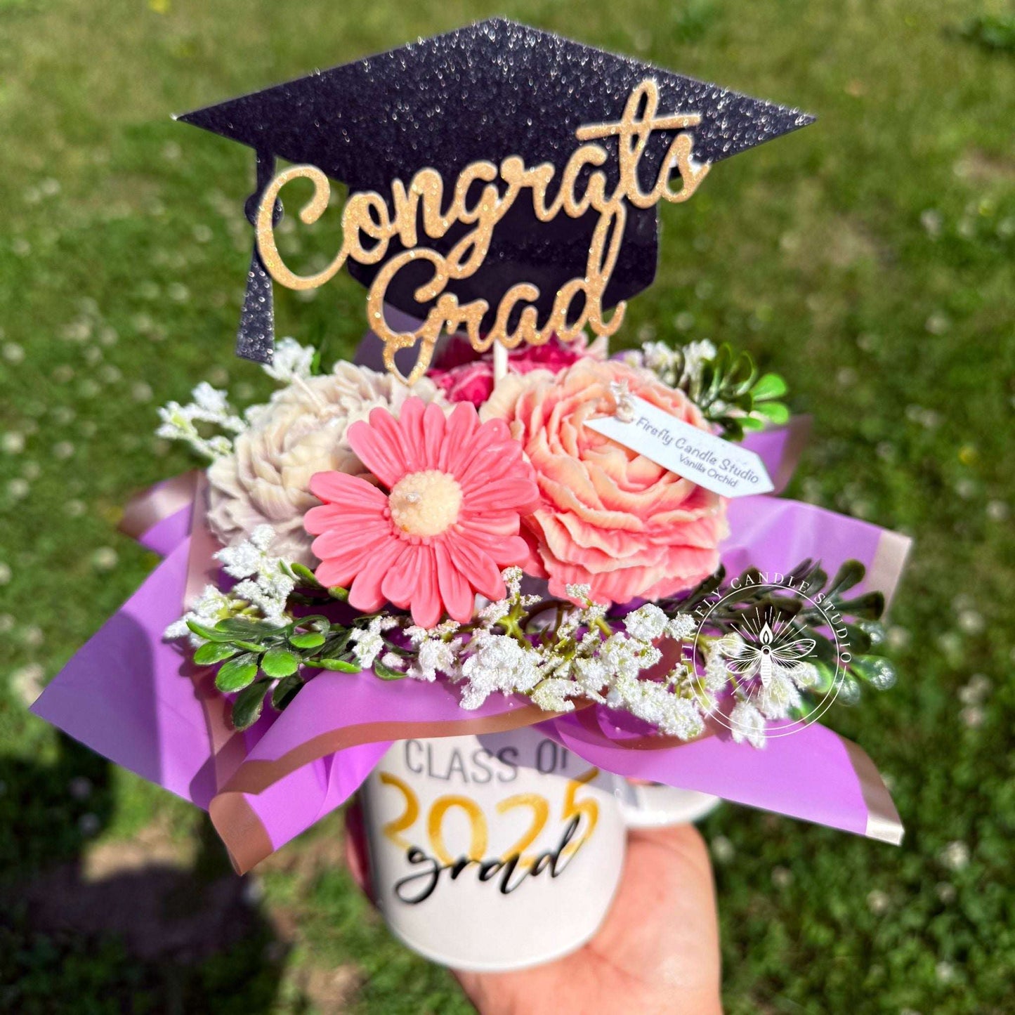 Graduation Candle Flower Bouquet – Peonies & Daisy
