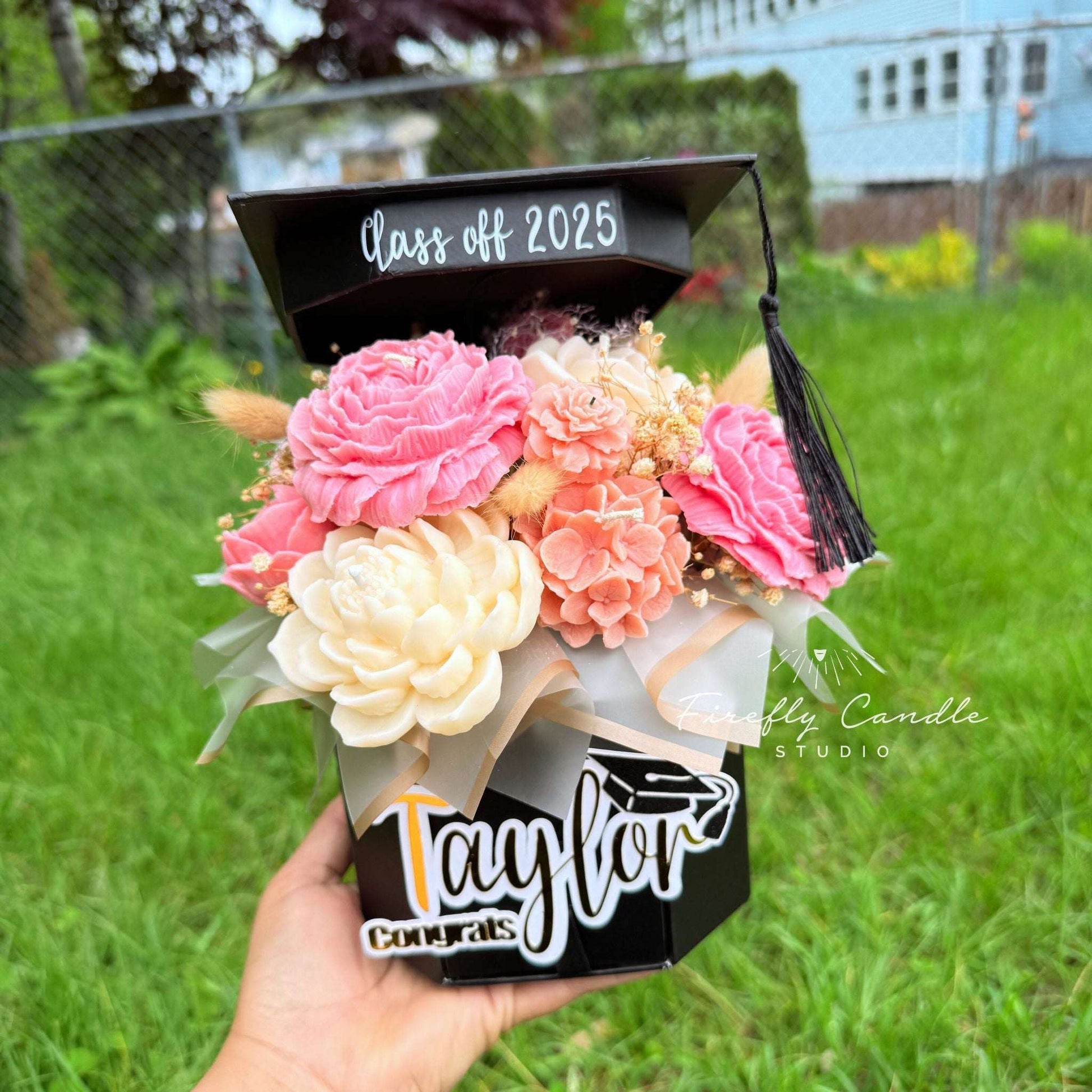 Custom name Graduation Candle Flower Box